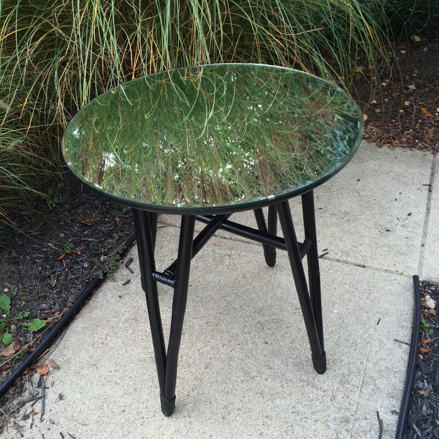 Upcycled Accent Table Salvaged Entry Vintage Round Bamboo Upcycled Accent Table Salvaged Entry Vintage Round Bamboo With Mirror Top Mid Century Modern Style Furniture Black