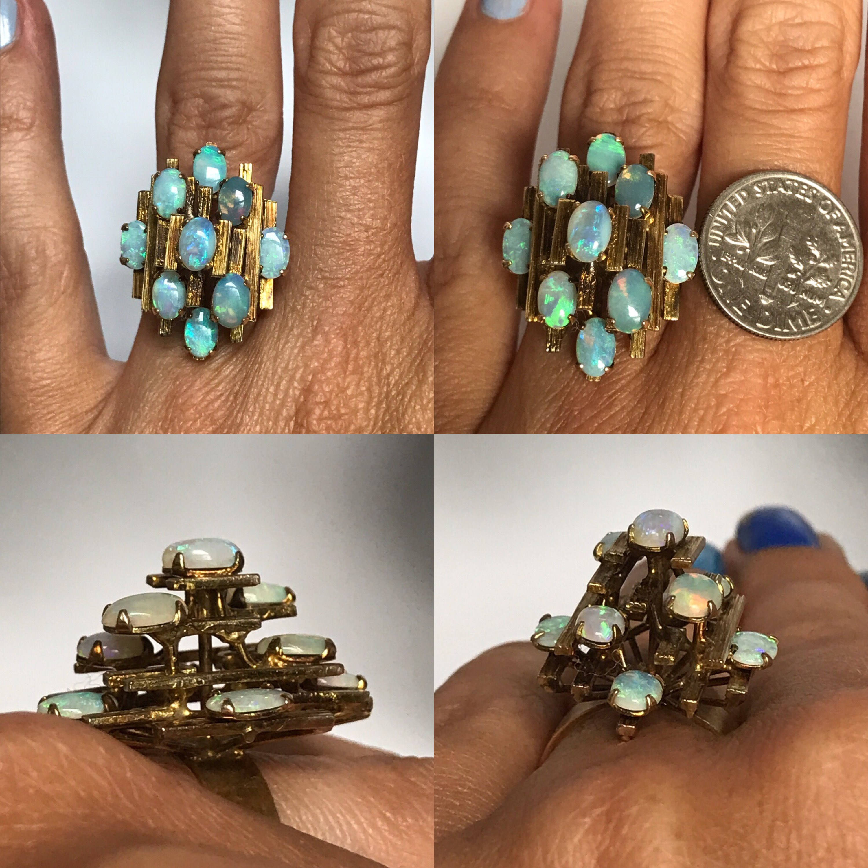 Vintage Opal Ring. Modernist Cluster Ring. 14K Yellow Gold