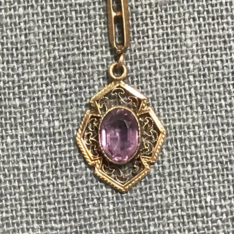 Antique Amethyst Pendant 10k Yellow Gold Drop Image 0