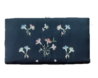 Vintage Black Clutch with Floral Embroidery by Maxim. Silk Evening Bag with Blue Green and Pink Flowers. Sustainable Fashion Accessory.