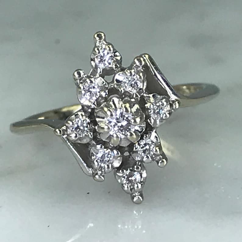 14K White Gold Diamond Cluster Ring Vintage Estate Jewelry. 10 Year Anniversary Gift Unique Engagement Ring April Birthstone