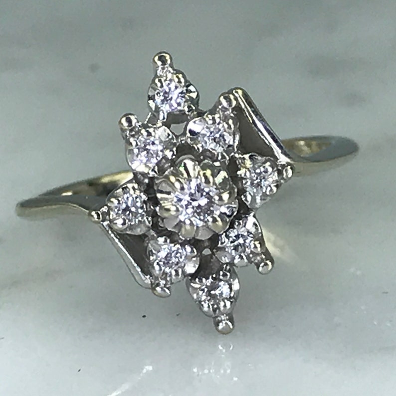 14K White Gold Diamond Cluster Ring Vintage Estate Jewelry. 10 Year Anniversary Gift Unique Engagement Ring April Birthstone