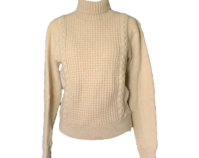 Vintage 1960s Cream Cable Knit Sweater from NuKnit. Chunky Off White Wool. Sustainable Fashion Traditional Style.