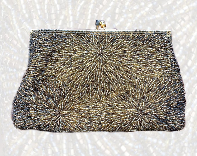 Vintage Copper Metallic Glass Beaded Clutch by Walborg. Old Hollywood Glamour Evening Bag. Sustainable Fashion Accessory Circa 1960s.