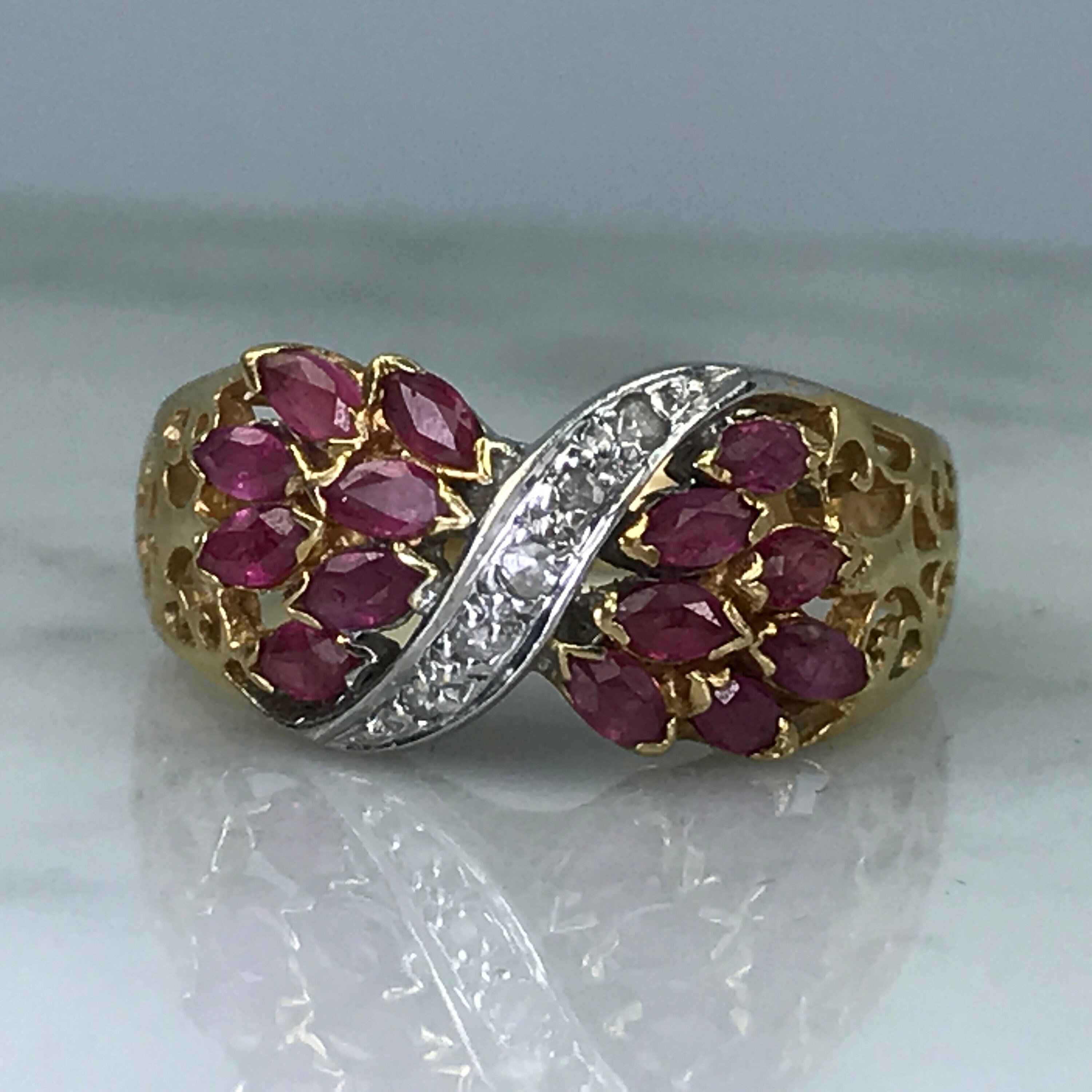 Vintage Ruby Diamond Ring. 14K Yellow Gold. Unique Engagement Ring