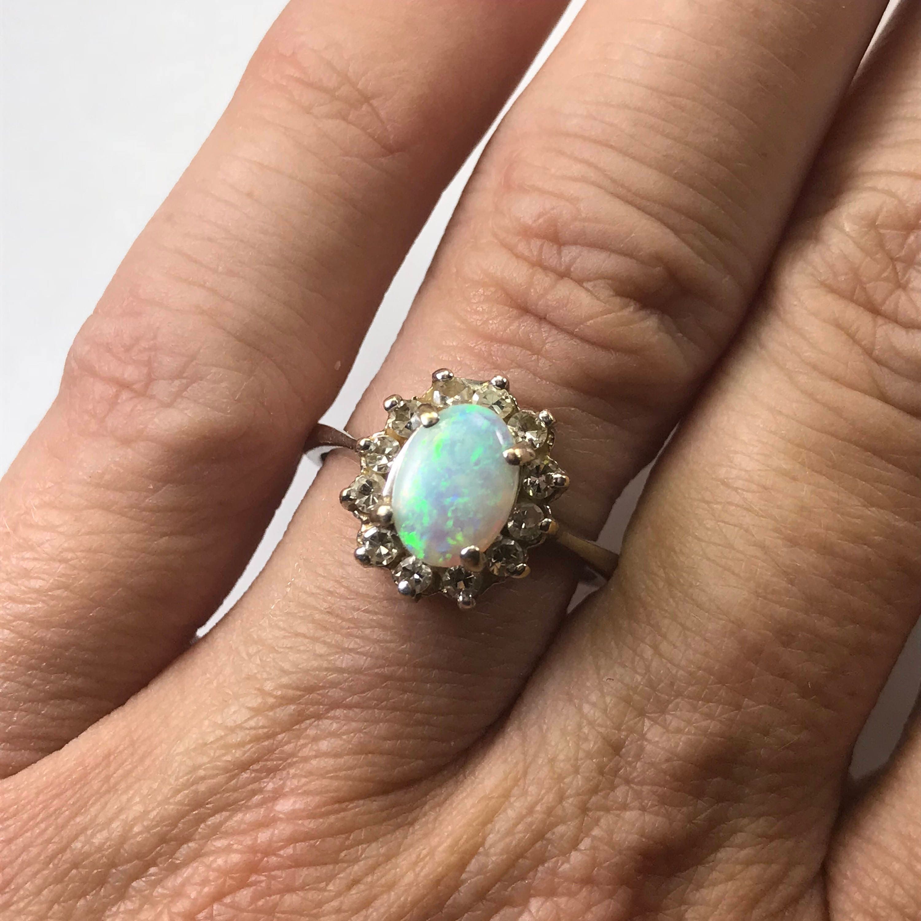Vintage Opal Engagement Ring. Diamond Halo Ring. 10K Gold. Unique ...
