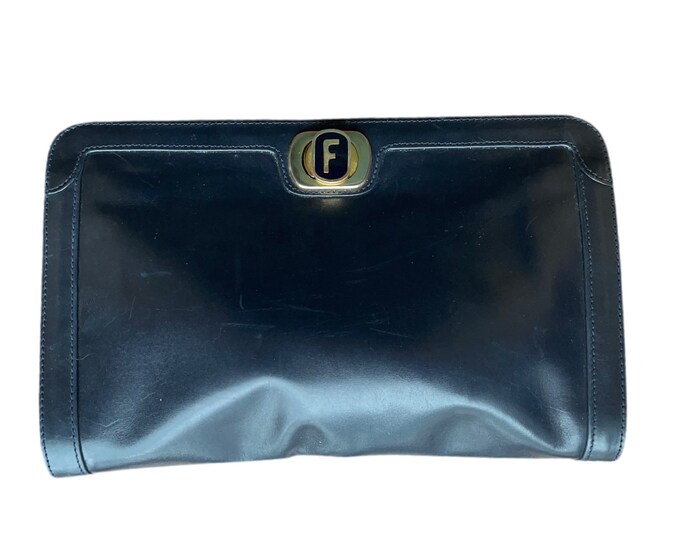 Vintage Navy Blue Leather Clutch by Salvatore Ferragamo. Gold Tone Hardware. 1980s Collectable Designer Bag. Made in Italy.