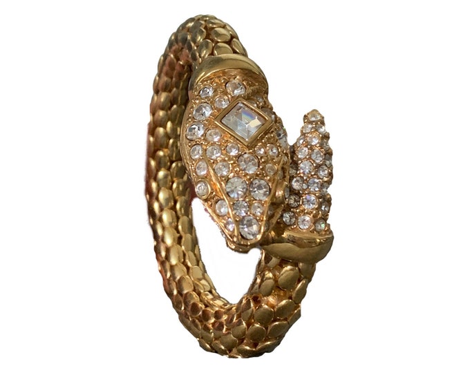 Vintage Kenneth J Lane Snake bracelet. Gold Tone Wrap Bracelet with Rhinestones. 1970s Sustainable Designer Estate Jewelry.