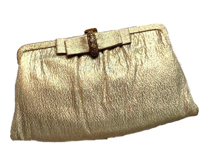 Vintage Gold Lame Clutch with Rhinestone Bow Closure. Perfect Metallic Statement Accessory of Sustainable Fashion Circa 1960s.