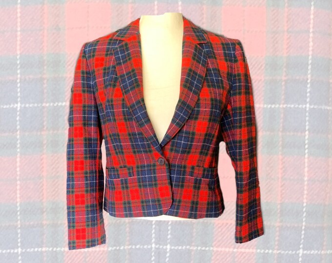 Vintage Red Plaid Short Wool Jacket or Bolero by Pendleton. Trending Fashion. 1970s Sustainable Clothing with Preppy Style.