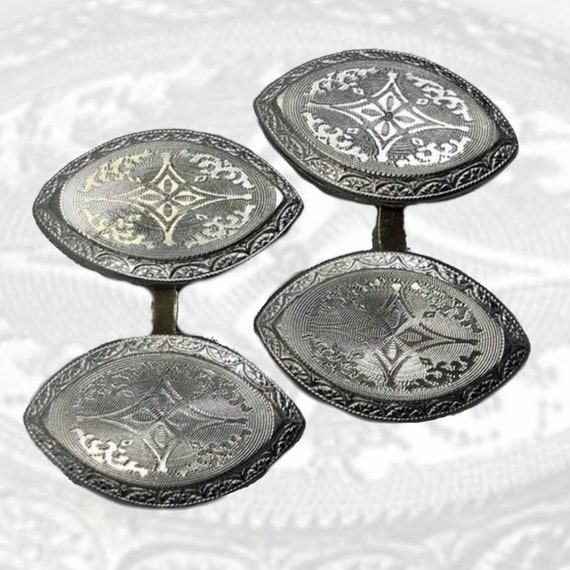1920s Antique Mens Cufflinks in Etched 14K White G