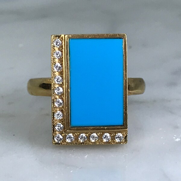 Mid Century Modern Turquoise Ring with Diamonds in 18K Yellow Gold. Unique Engagement Ring. Estate Fine Jewelry.  December Birthstone.