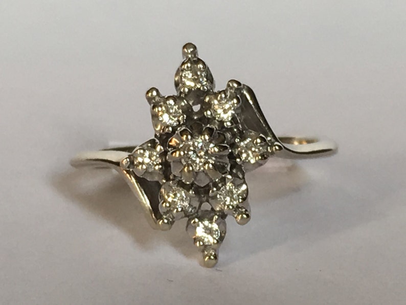14K White Gold Diamond Cluster Ring Vintage Estate Jewelry. 10 Year Anniversary Gift Unique Engagement Ring April Birthstone