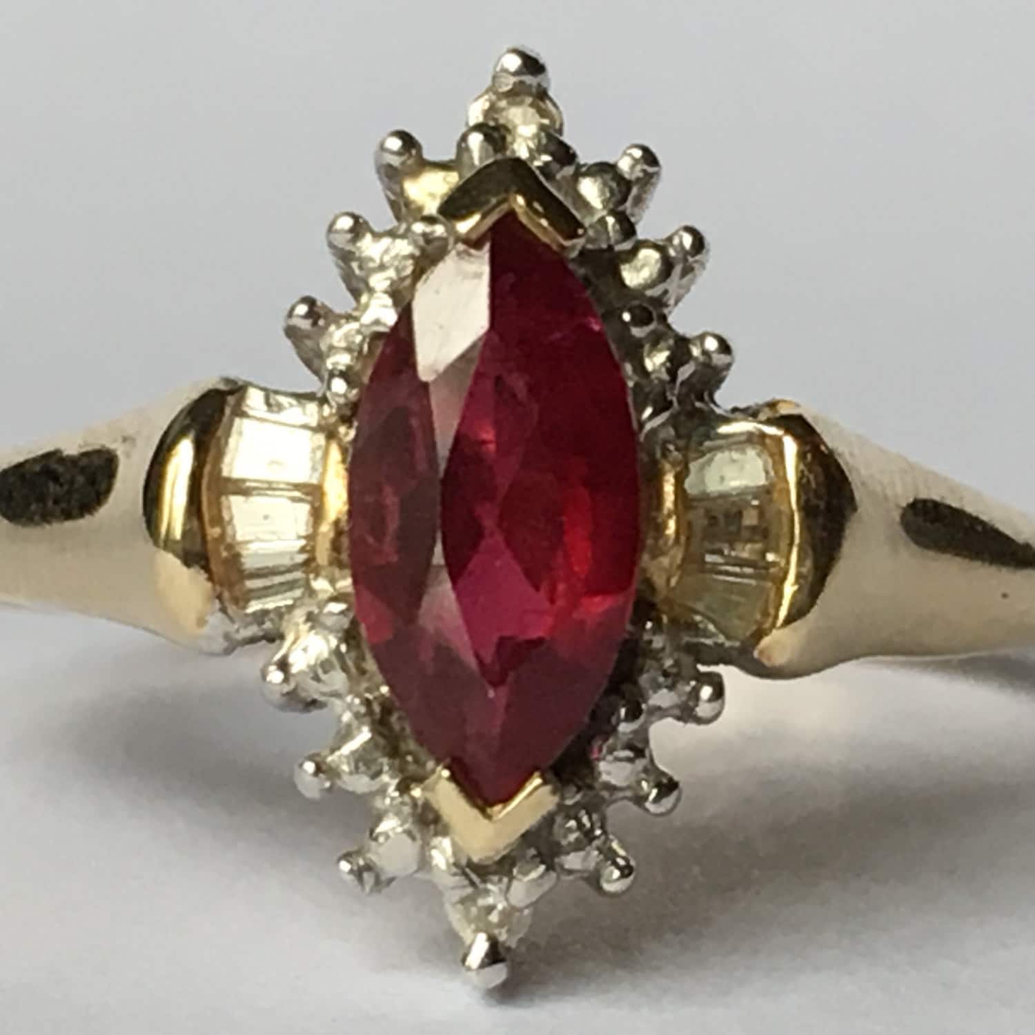 Vintage Ruby Ring. Diamond Halo. 14K Solid Yellow Gold Setting. Unique