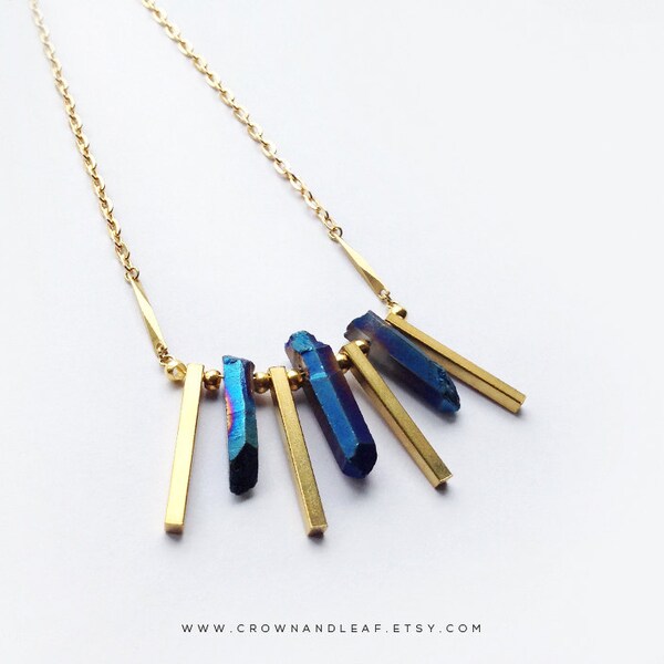 LIMITED EDITION / Statement Necklace / Petrol Blue Titanium Quartz Necklace / Gold Chain Necklace / Gemstone Necklace / Gold Bar Necklace