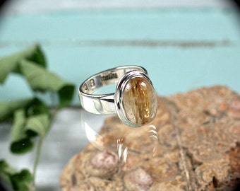 Oro rutilado cuarzo/cuarzo rutilo dorado anillo de plata de ley tamaño 7.5