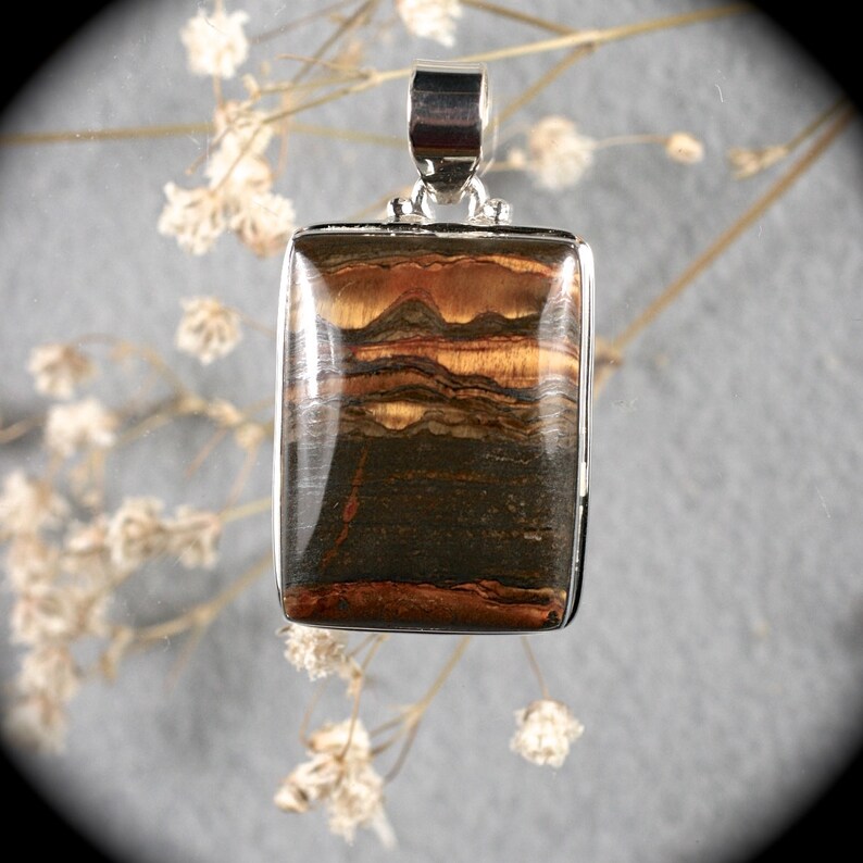 Tiger Iron gemstone sterling silver freerform pendant 47x26mm