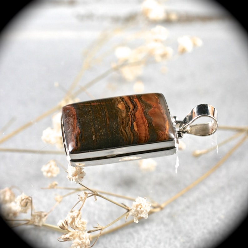 Tiger Iron gemstone sterling silver freerform pendant 47x26mm
