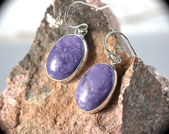 Charoite sterling silver earrings hoop earrings