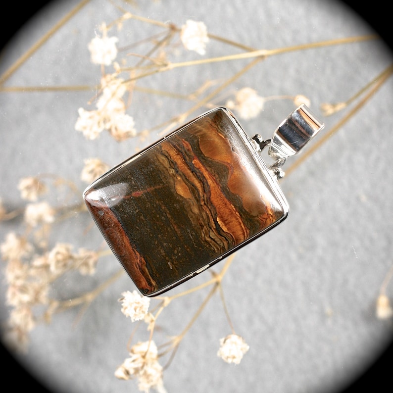 Tiger Iron gemstone sterling silver freerform pendant 47x26mm