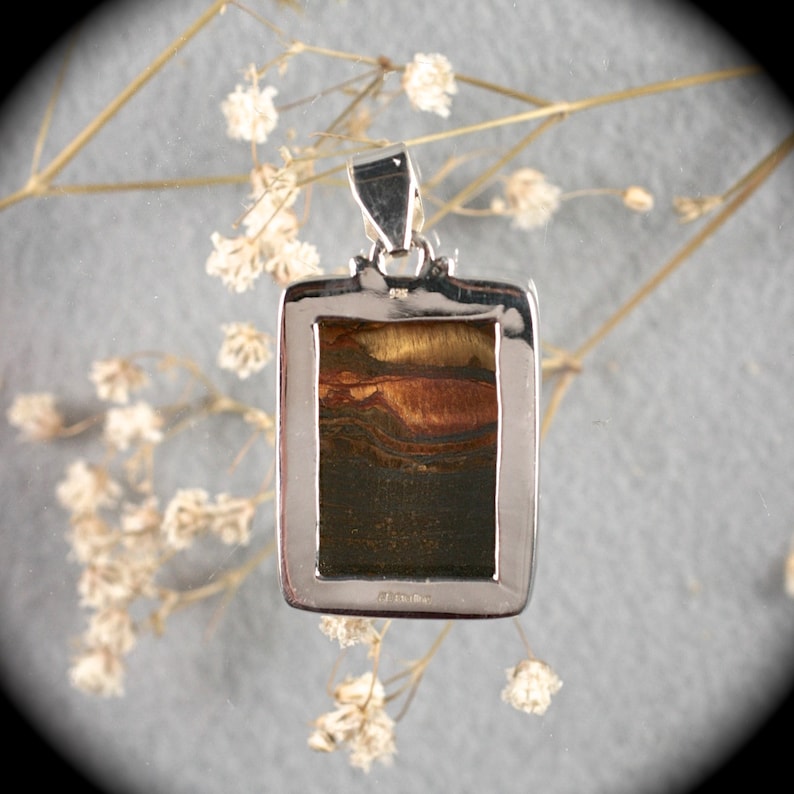 Tiger Iron gemstone sterling silver freerform pendant 47x26mm