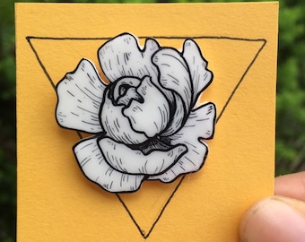 Black and White Handmade Plastic Peony Flower Pin