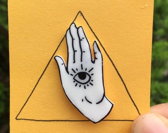 Hand With Eye Black and White Plastic Pin- Handmade