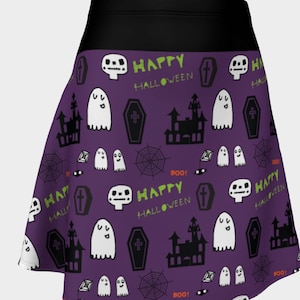 Happy Halloween Cartoon Ghost & Skeleton Flare Skirt | Purple Skater Skirt