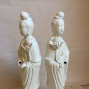 Antique pair of Quan Yin Buddha statues white porcelain statues Chinese Guanyin female goddess of mercy love and compassion Kwan Yin image 1