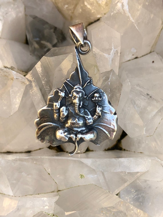 Sterling silver Lord Ganesh on Bodhi leaf pendant… - image 1