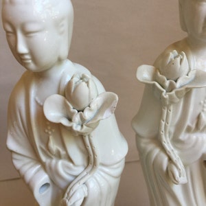 Antique pair of Quan Yin Buddha statues white porcelain statues Chinese Guanyin female goddess of mercy love and compassion Kwan Yin image 4