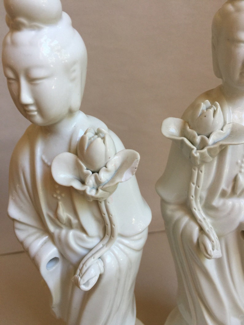 Antique pair of Quan Yin Buddha statues white porcelain statues Chinese Guanyin female goddess of mercy love and compassion Kwan Yin image 4