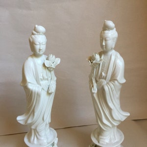 Antique pair of Quan Yin Buddha statues white porcelain statues Chinese Guanyin female goddess of mercy love and compassion Kwan Yin image 2