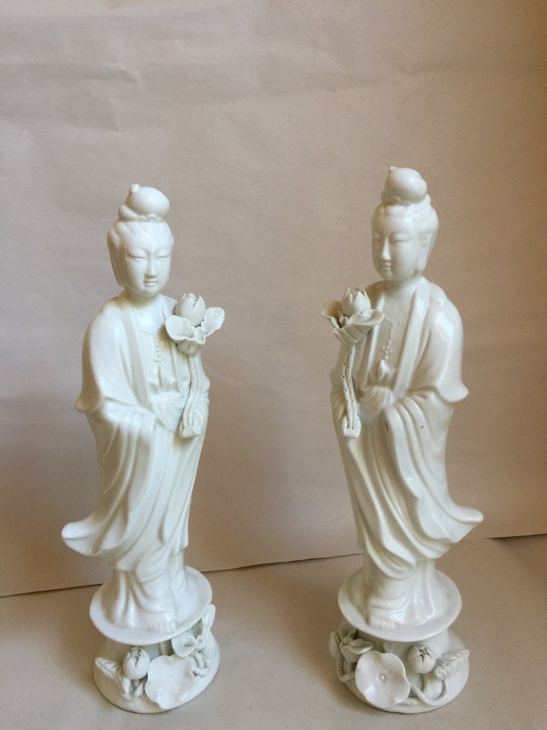 Antique Pair of Quan Yin Buddha Statues White Porcelain Statues Chinese