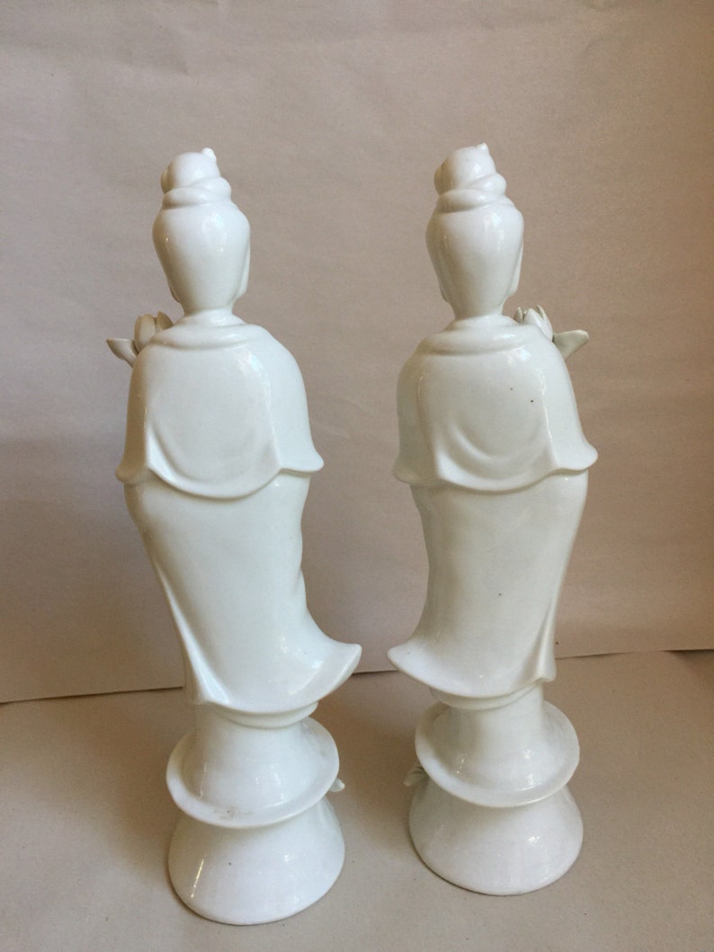 Antique pair of Quan Yin Buddha statues white porcelain statues Chinese Guanyin female goddess of mercy love and compassion Kwan Yin image 3