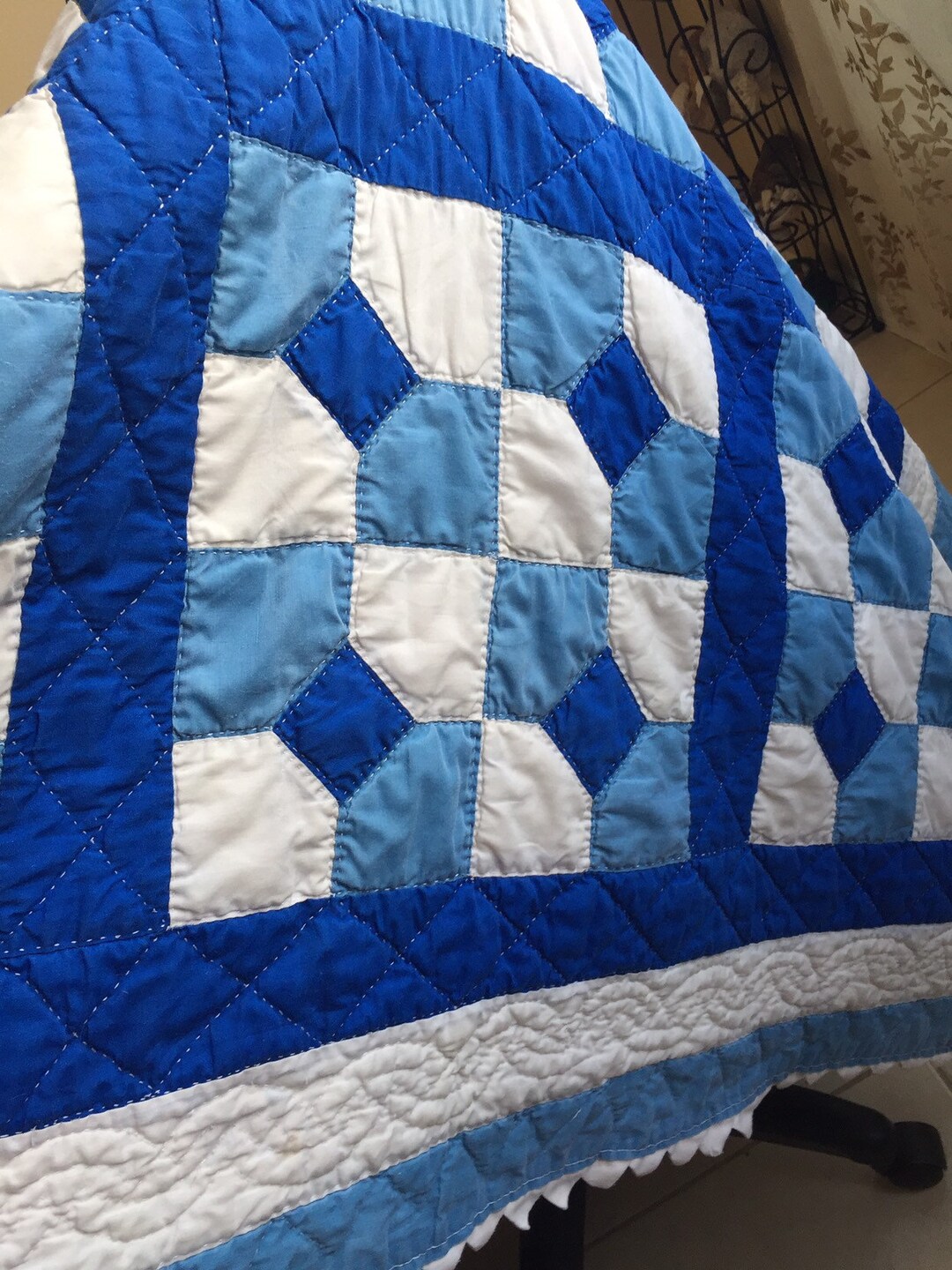 Vintage Handmade Folkart Quilt Blue and White Handstitched 4 Block