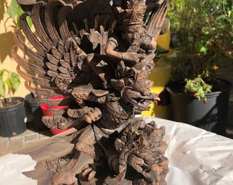 Lord VISHNU riding Garuda carved wooden Sculpture Indonesian Balinese Hinduism Hindu God statue India Creation Deity Art 12”x 9”x 8”