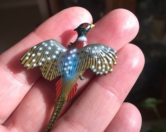 Vintage hand painted Realistic Pheasant Brooch Flying Pheasant Pin