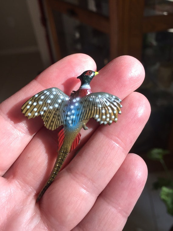 Vintage hand painted Realistic Pheasant Brooch Fly