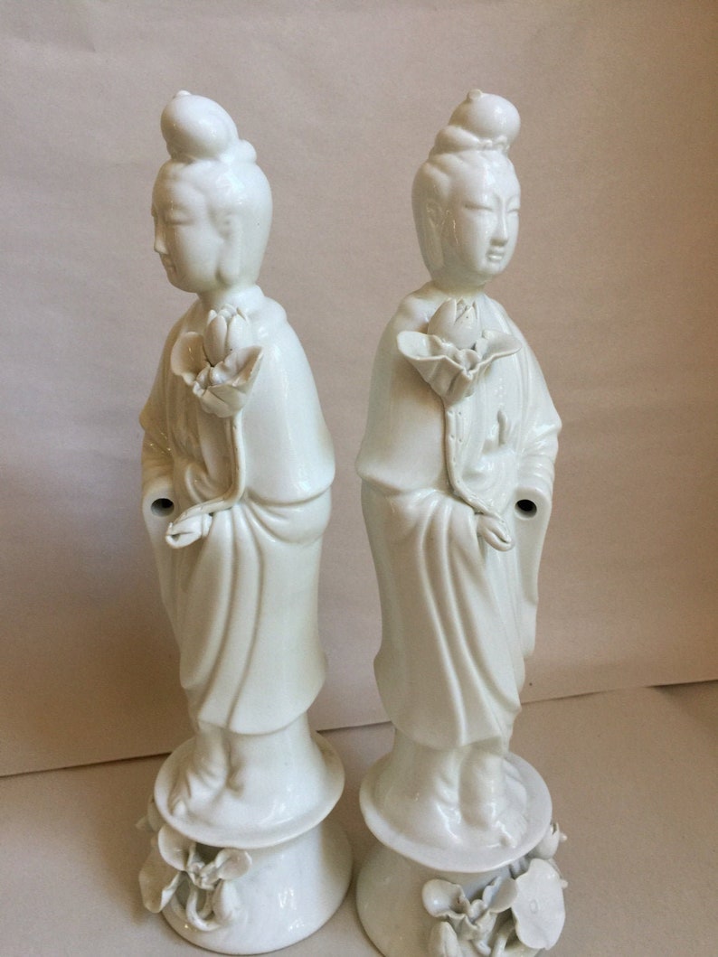 Antique pair of Quan Yin Buddha statues white porcelain statues Chinese Guanyin female goddess of mercy love and compassion Kwan Yin image 1