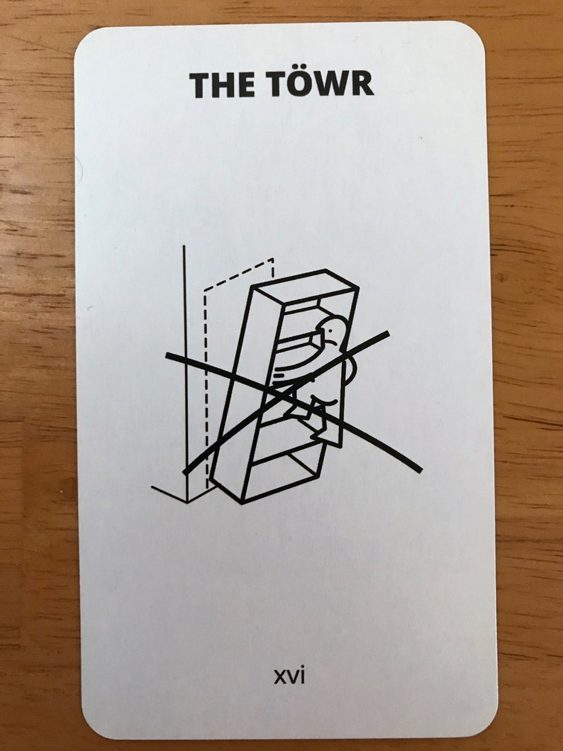Puede incluir: Una tarjeta rectangular blanca con esquinas redondeadas que presenta el texto THE T&Ouml;WR en la parte superior y el n&uacute;mero romano xvi en la parte inferior. Un dibujo lineal negro muestra a una persona trepando una estanter&iacute;a con una gran X negra.