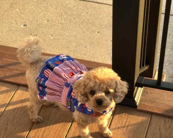 May include: A small, tan dog wearing a patriotic-themed dress. The dress features a blue fabric with white stars and red, white, and blue striped ruffles. The dog is standing on a wooden deck in the sunlight.