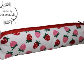 Strawberry skinny boxy pencil pouch, zipper pouch, strawberries, cottagecore