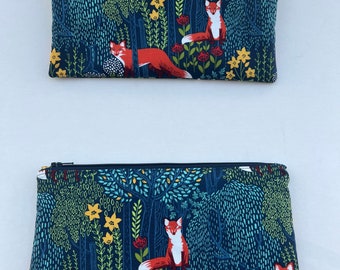 Woodland fox handmade pouch bag, pencil pouch, organizer, makeup bag, foxy, woods