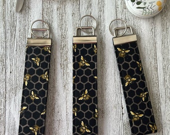 Bees honeycomb black key fob wristlet, cotton fabric, wristlet keychain