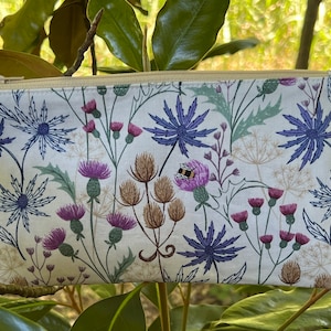Scottish thistle handmade pouch bag, pencil pouch, organizer, thistle, makeup bag, bees, off white- beige