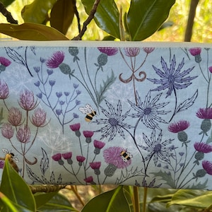 Scottish thistle handmade pouch bag, pencil pouch, organizer, thistle, Scottish lochs, makeup bag, bees, blue