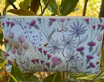 Scottish thistle handmade pouch bag, pencil pouch, organizer, thistle, Scottish lochs, makeup bag, bees, blue