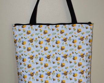 SALE Bee print handmade quilted tote bag, zipper bag, shoulder bag, happy bees, spring