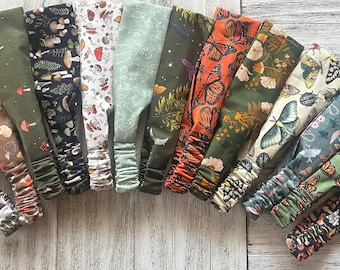 One Handmade cotton headband 2.5” wide mushrooms, moth, monarch butterfly, will fit 22”-23” adult teen